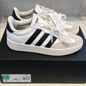 adidas White Sneakers with Black Stripes and Gray Accents